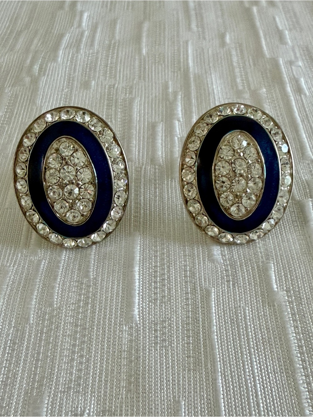 Classic Oval Navy and Crystal Clip-On Earrings